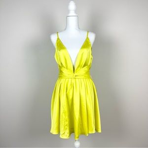 Luxxel Yellow Satin Flare Dress V-Neck Front/Back
